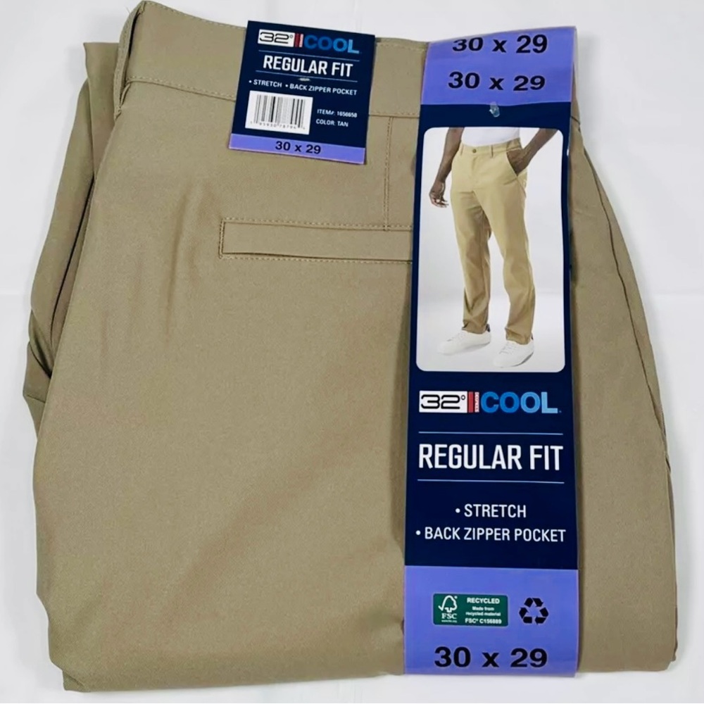 32 Degrees Cool Performance Pant, Tan, Regular Fit, Stretch, Men's 30x29, NEW